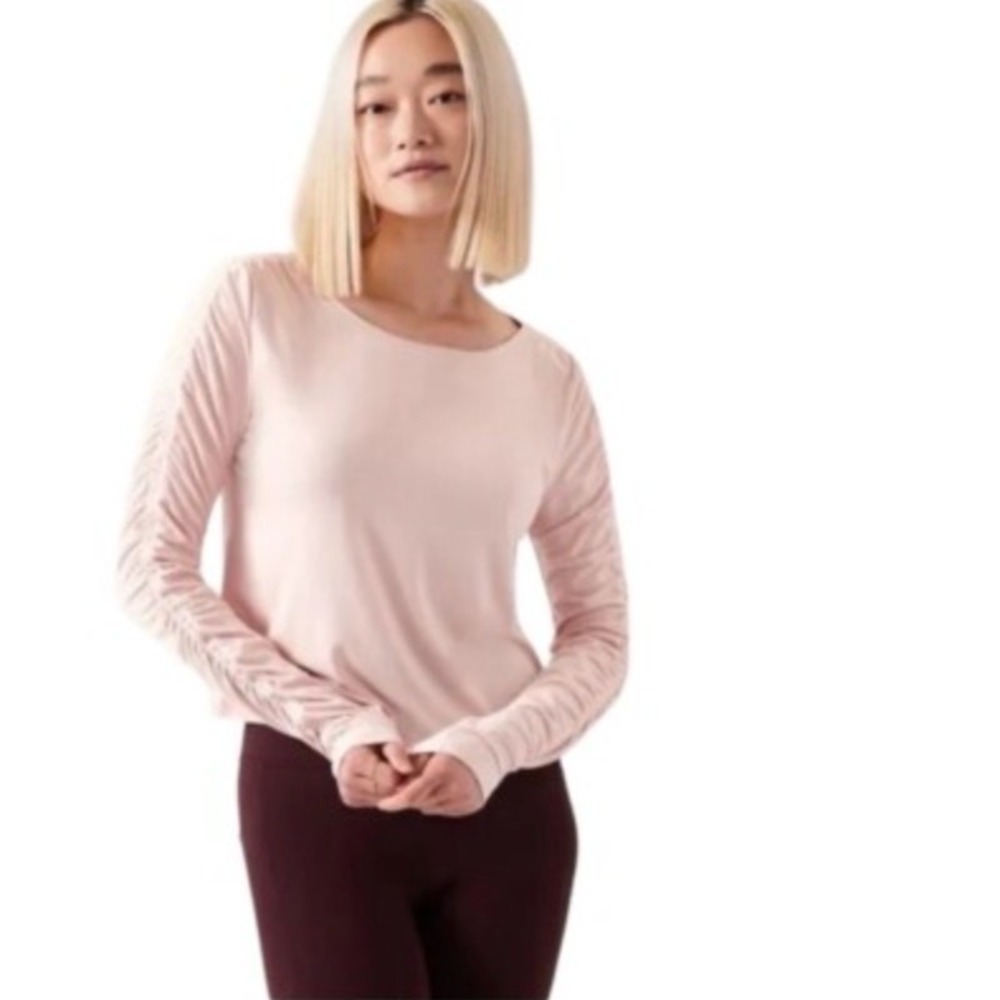 Athleta All Around Ruched Puff Sleeve Shirt Pink 882384 Medium